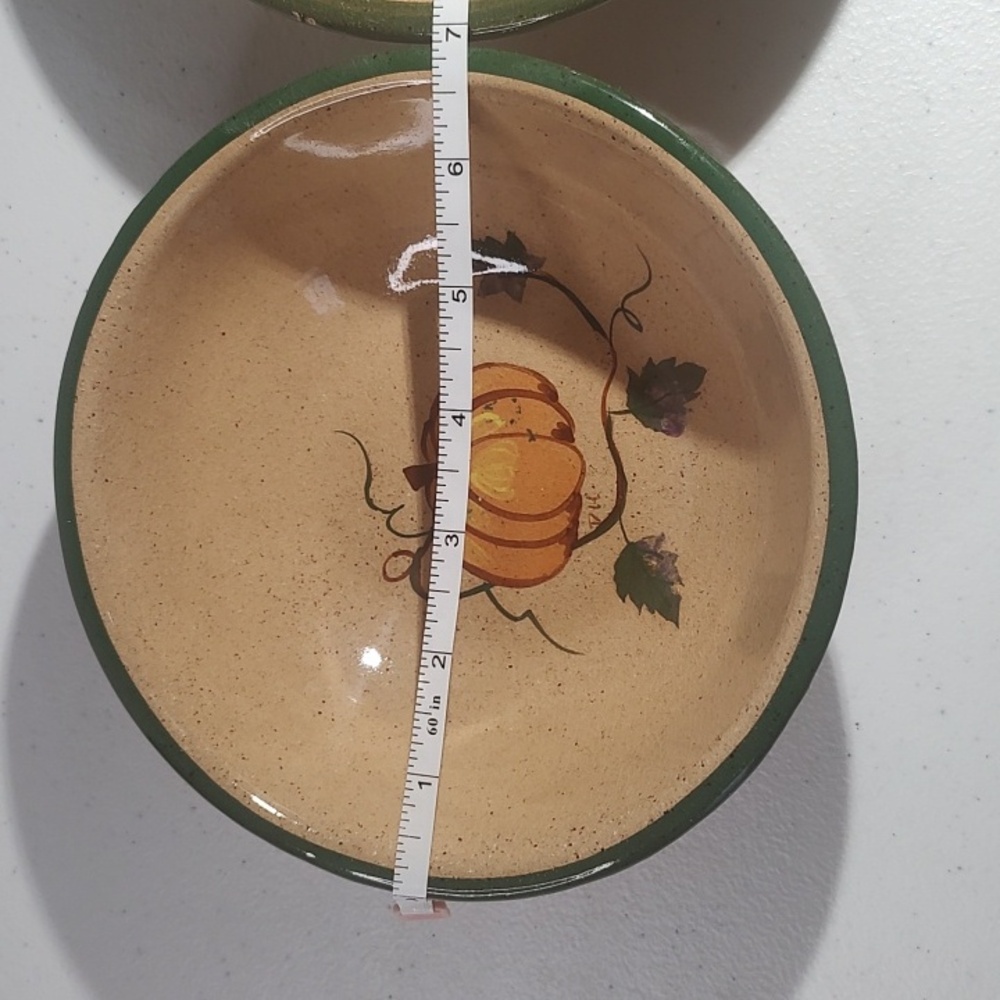 2 Longaberger Homestead Stonewear Bowls, Made By Buckeye Stonewear, Tan & Green - Picture 2 of 11